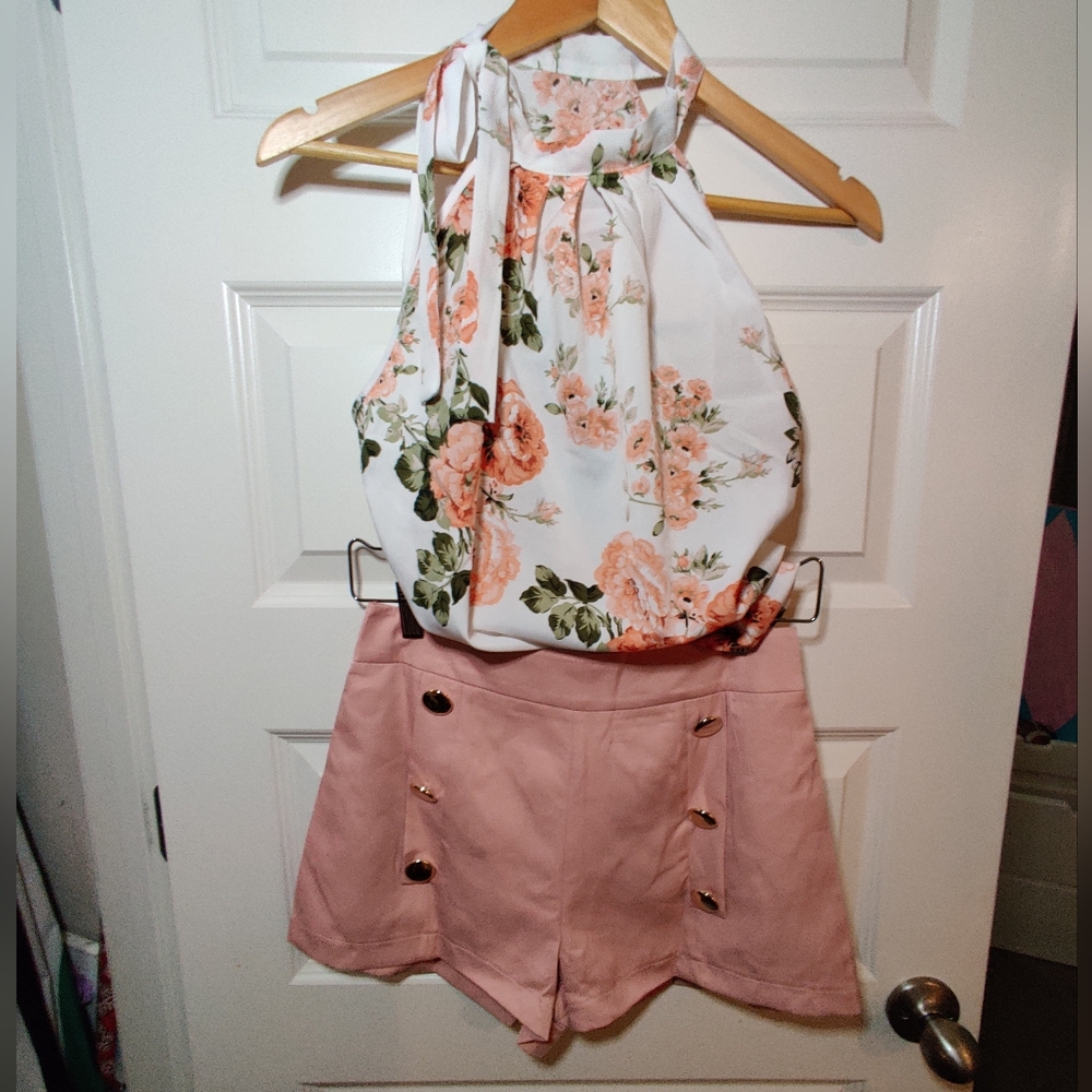 Floral Halter Top and Pink Shorts Set
